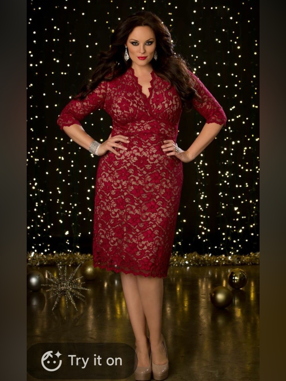 Kiyonna Red Scalloped Lace Boudoir Dress Woman’s Plus Size 3X (22-24)